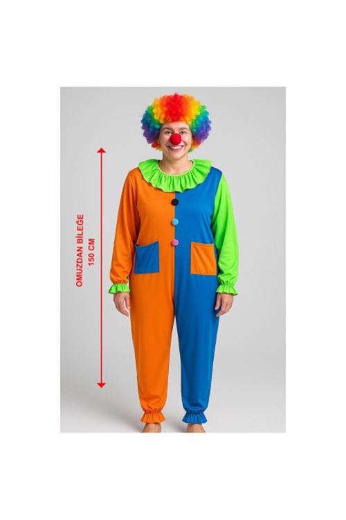 Palyaço Kostüm Seti 150 cm (Peruk + Burun + Kostüm)