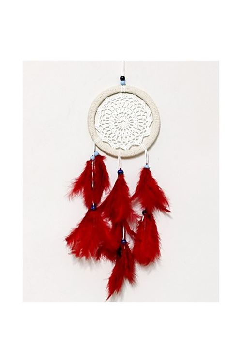 Kırmızı Kuş Tüylü Dream Catcher El Yapımı Düş Kapanı Duvar Süsü