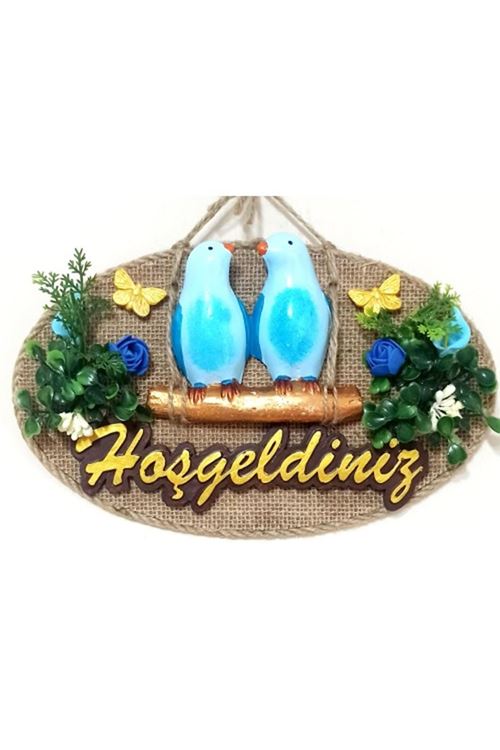 Mavi Kuşlu Hoşgeldiniz Yazılı Kapı Süsü